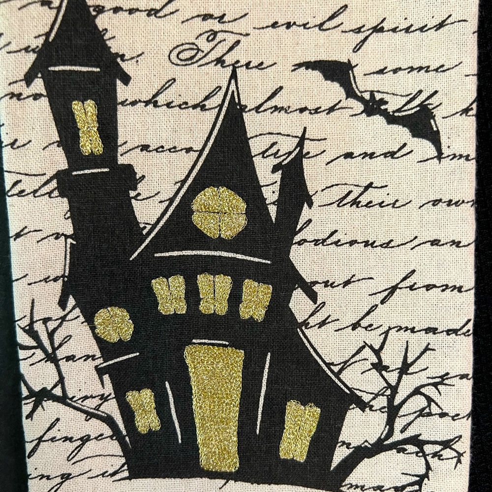 Set of 2 Halloween Haunted House Kitchen Towels Old World Script Pompom Fringe